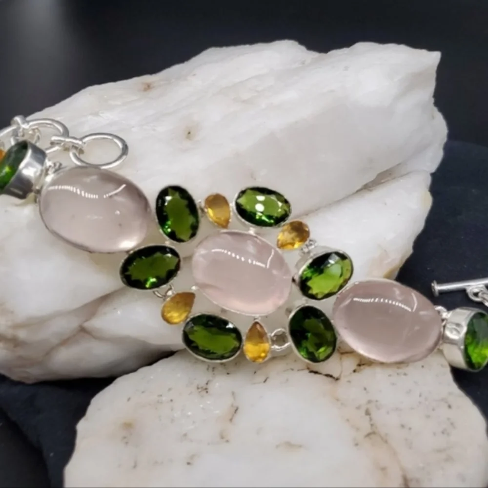 Genuine Rose Quartz Peridot Lemon Quartz Rhodium/925 Silver Bracelet